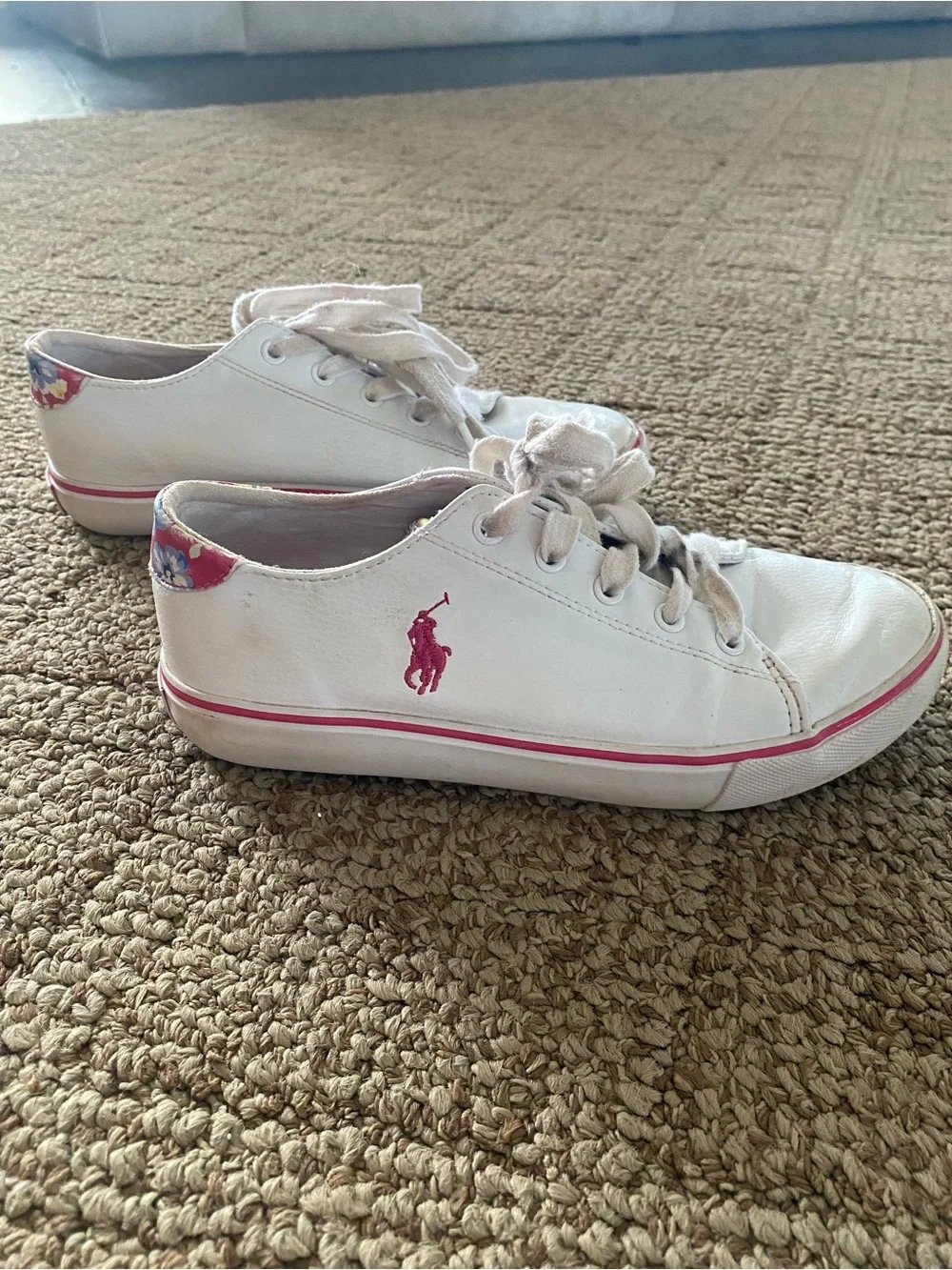 Ralph Lauren White Sneakers with Pink Polo Logo and Pink Trim